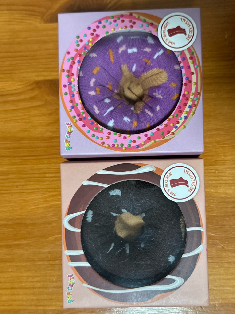 PopCraze Doughnut Socks — 2‑Pair Gift Box — Purple & Brown